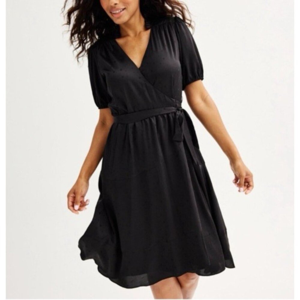 Draper James Wrap Dress L Large Black Silky Puff Short Sleeve Washable